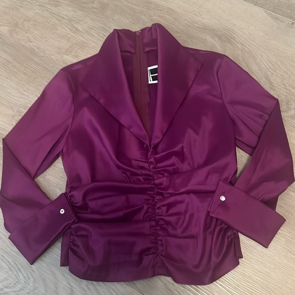 Vintage Tadashi Purple Rousched Front Full Back Zipper Taffeta Blouse (M) - Picture 1 of 4